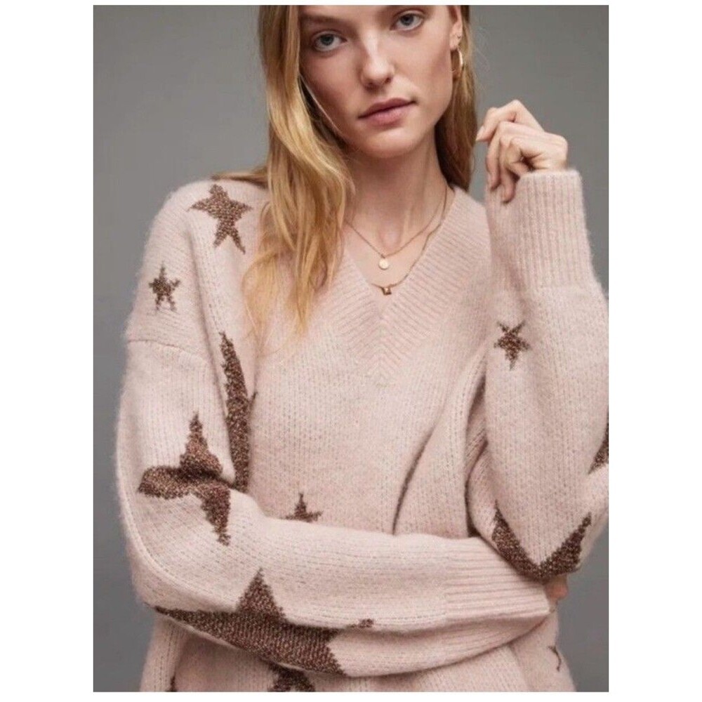 All Saints Star Tinsel Jumper Sweater Womens S Wool Alpaca pink Gold Metallic